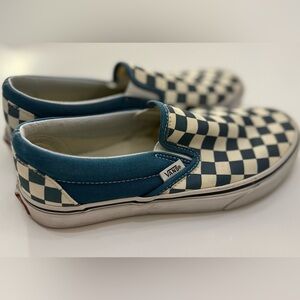 Vans Blue and Cream Checkered Slip-On Sneakers